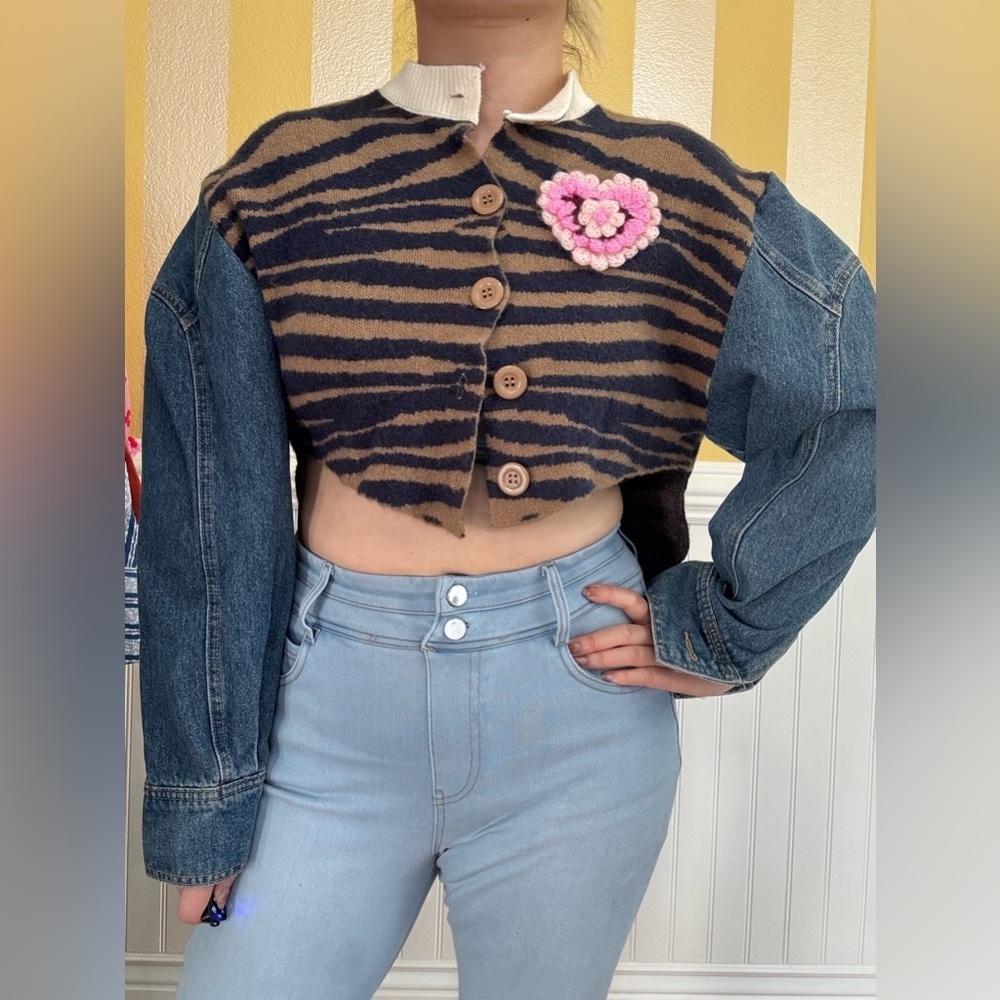 Striped Mix Fabric Denim Sleeve Jacket